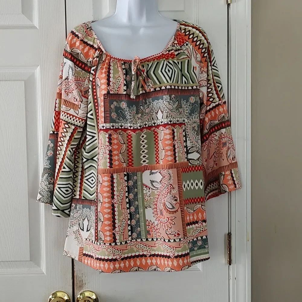 Tacera BoHo Multicolored Patterned Bell Sleeve Blouse Size M